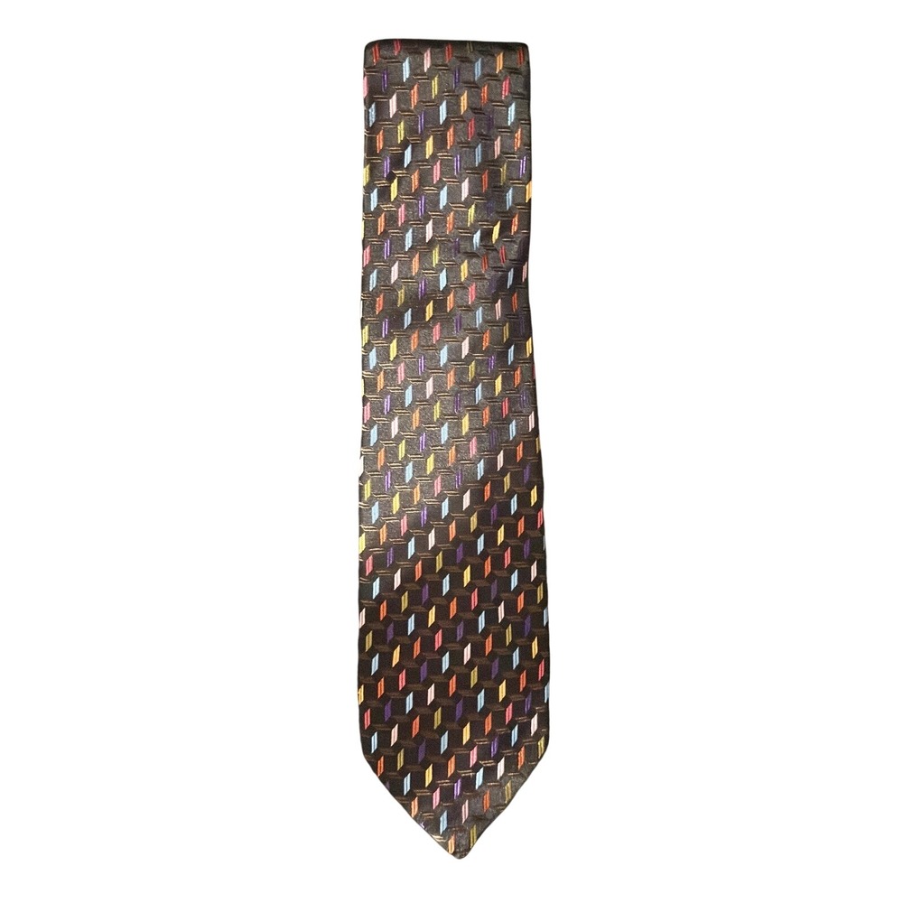 Neiman Marcus Mens Silk Tie Geometric Multicolor Pattern Black Silk Necktie NEW